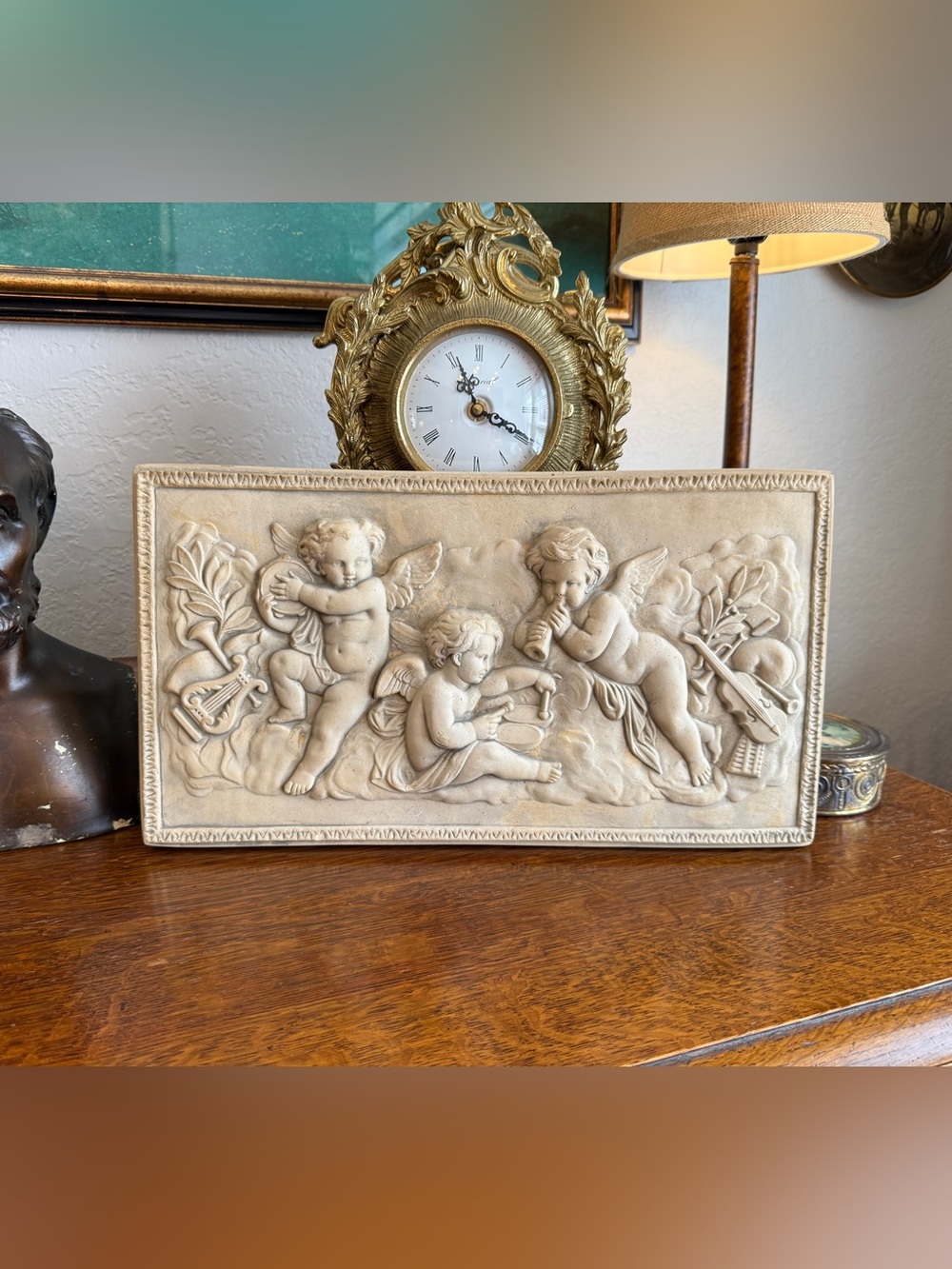Vintage Chalkware Cherub Musical High‑Relief Wall Plaque – Cream Neoclassical - Picture 3 of 14